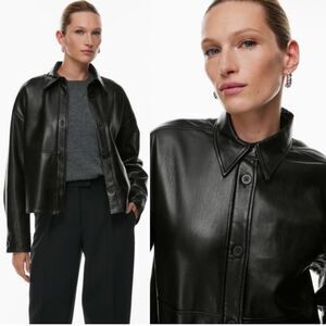 Classic Black Faux Leather Button-Front Shirt Jacket